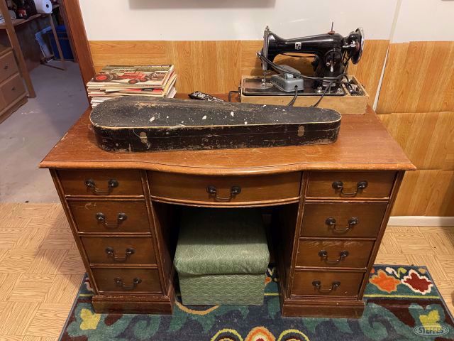 Desk w/violin, sewing machine & old literature, #2961
